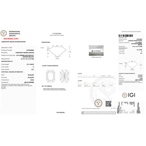 69 - A 3.01ct Radiant Cut Lab-Grown Diamond. Colour D, clarity VS2. IGI certified. Cert no: LG733530804. ... 