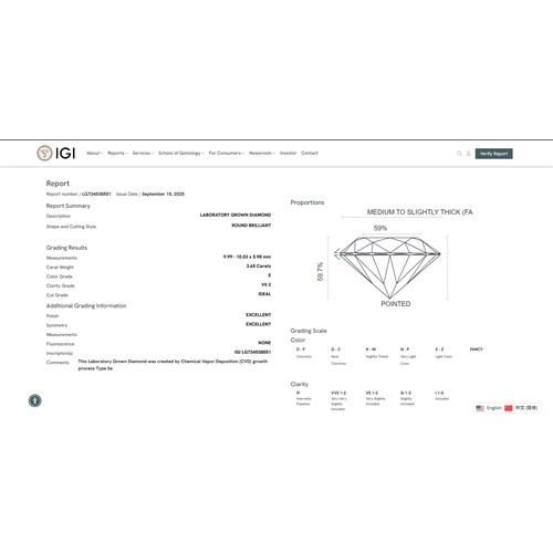 95 - A 3.65ct Round Brilliant Cut Lab-Grown Diamond. Colour E, clarity VS2. IGI certified. Cert no: LG734... 