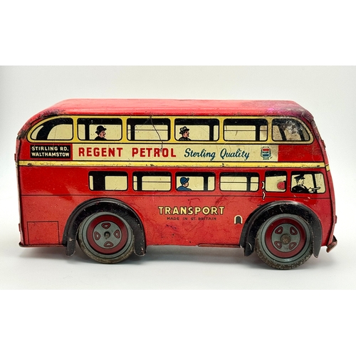 341 - A vintage 1950's, Wells Brimtoy, clockwork, tin plate London bus. Please see photos.