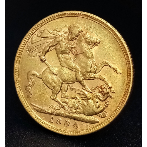 93 - An 1894 Queen Victoria Full Sovereign Gold Coin. 22k gold.