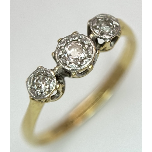 70 - Antique 18 CARAT GOLD and DIAMOND  RING. Having 3 DIAMONDS set in PLATINUM mounted to top. 1.72 Gram... 