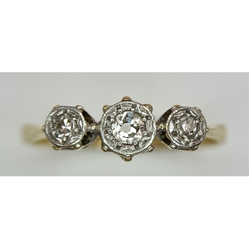 70 - Antique 18 CARAT GOLD and DIAMOND  RING. Having 3 DIAMONDS set in PLATINUM mounted to top. 1.72 Gram... 