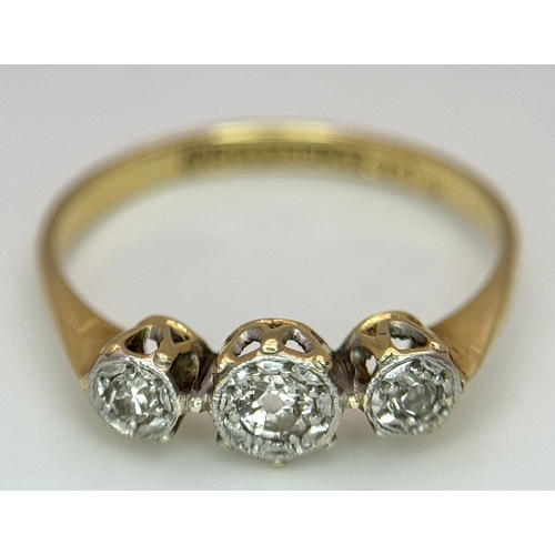 70 - Antique 18 CARAT GOLD and DIAMOND  RING. Having 3 DIAMONDS set in PLATINUM mounted to top. 1.72 Gram... 
