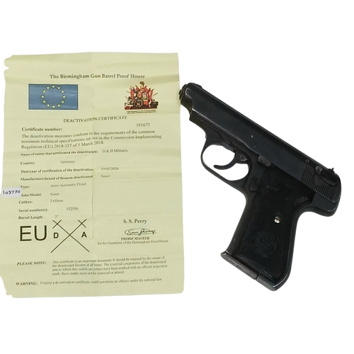 76 - A Deactivated WW2 Era German Sauer Semi Automatic Pistol - German Third Reich Eagle Mark. 7.65mm cal... 