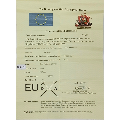 76 - A Deactivated WW2 Era German Sauer Semi Automatic Pistol - German Third Reich Eagle Mark. 7.65mm cal... 