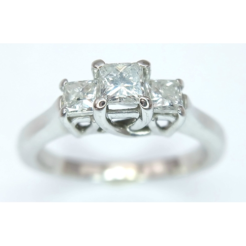 80 - A 14K WHITE GOLD, DIAMOND SET, TRILOGY RING. 0.70 CTW. 3.8G, SIZE M/N. MS RED 1012