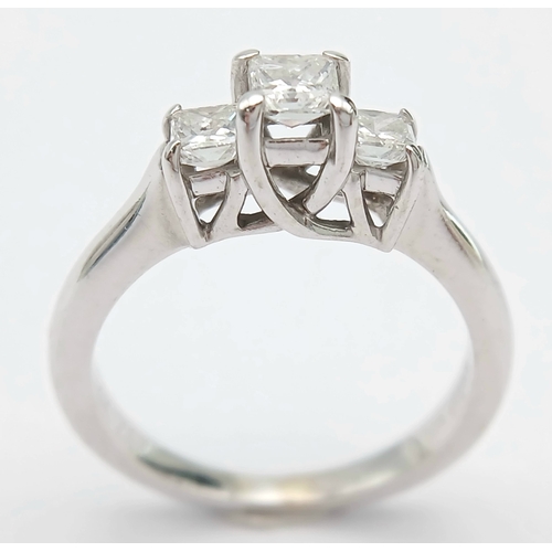 80 - A 14K WHITE GOLD, DIAMOND SET, TRILOGY RING. 0.70 CTW. 3.8G, SIZE M/N. MS RED 1012