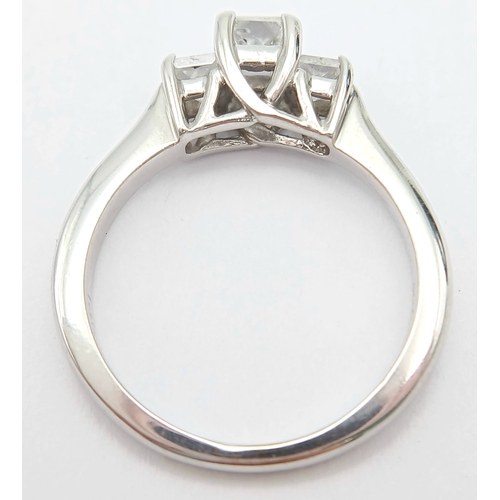 80 - A 14K WHITE GOLD, DIAMOND SET, TRILOGY RING. 0.70 CTW. 3.8G, SIZE M/N. MS RED 1012