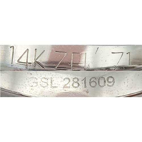 80 - A 14K WHITE GOLD, DIAMOND SET, TRILOGY RING. 0.70 CTW. 3.8G, SIZE M/N. MS RED 1012