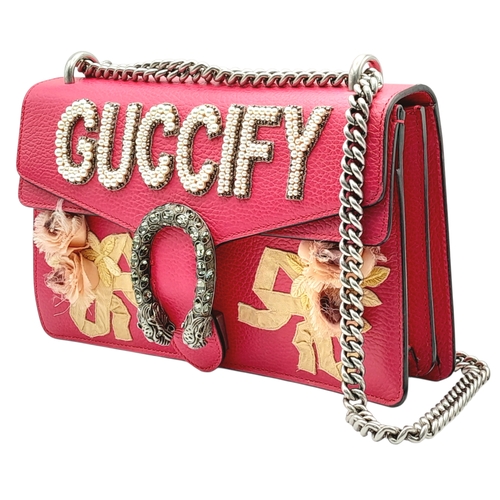 92 - A Gucci Dionysus Embellished Leather Shoulder Bag. Crafted in vibrant pink textured leather, featuri... 