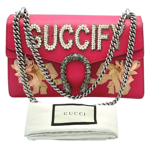 92 - A Gucci Dionysus Embellished Leather Shoulder Bag. Crafted in vibrant pink textured leather, featuri... 