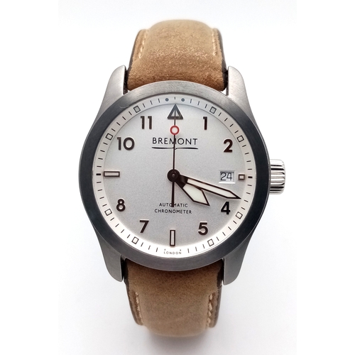 96 - A Bremont Automatic Gents Watch. Model Solo - 37. Brown leather strap. Stainless steel case -37mm. W... 