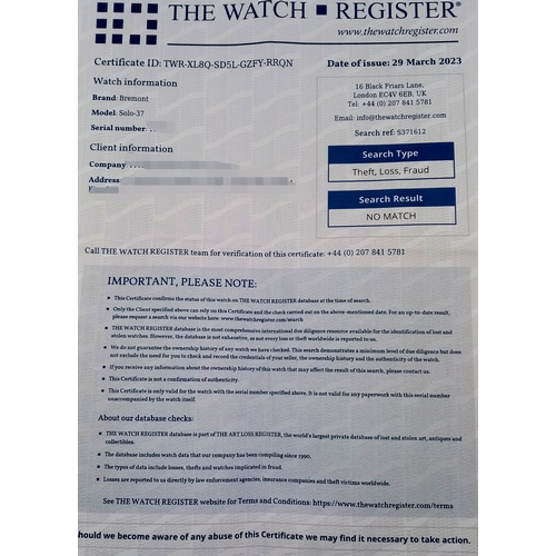 96 - A Bremont Automatic Gents Watch. Model Solo - 37. Brown leather strap. Stainless steel case -37mm. W... 