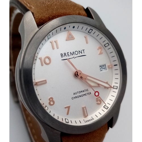 96 - A Bremont Automatic Gents Watch. Model Solo - 37. Brown leather strap. Stainless steel case -37mm. W... 
