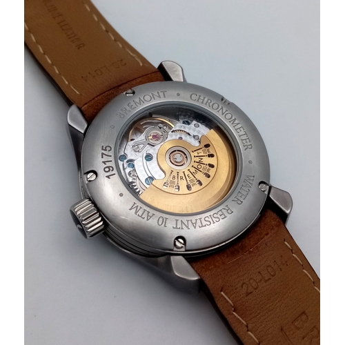 96 - A Bremont Automatic Gents Watch. Model Solo - 37. Brown leather strap. Stainless steel case -37mm. W... 
