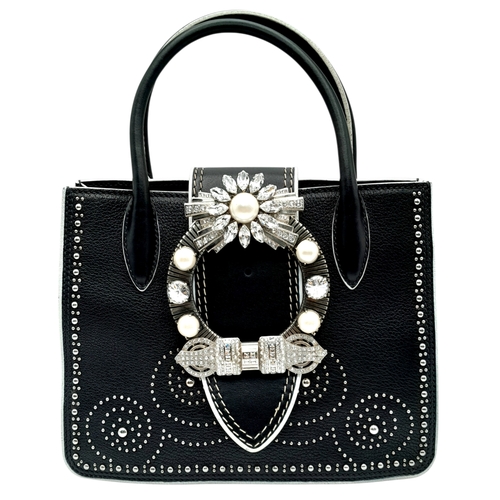 99 - A Miu Miu Black Embellished Handbag. Leather exterior with white stone, faux pearl and stud embellis... 