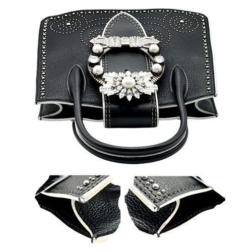 99 - A Miu Miu Black Embellished Handbag. Leather exterior with white stone, faux pearl and stud embellis... 
