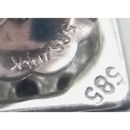 102 - A PAIR OF 14K WHITE GOLD, DIAMOND AND PEARL, DROP EARRINGS. 3.7G. NEEDS ONE BUTTERFLY BACK. MS RED 1... 