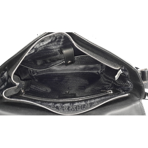 106 - A Balmain Black Leather Messenger Bag. Crafted from smooth black leather with an embossed “BALMAIN P... 