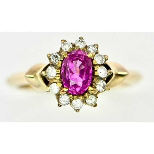 109 - A 14K YELLOW GOLD, DIAMOND AND RED GEMSTONE, CLUSTER RING. 3.3G, SIZE K. A/S 1328 - 1