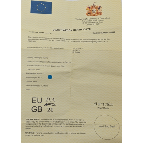 115 - A Deactivated Austrian Glock 9mm Pistol. Model 17. 4.5 inch barrel length. Retractable magazine. Com... 