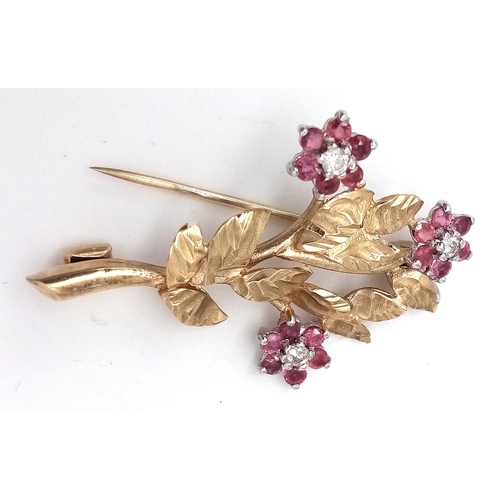 203 - Vintage 9 CARAT GOLD DIAMOND and RUBY BROOCH.  Full UK hallmark . Complete with original H. Samuel J... 