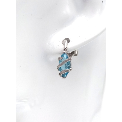 222 - A PAIR OF 9K WHITE GOLD, BLUE TOPAZ AND DIAMOND SET, DROP EARRINGS. 3G. MS RED 1005
