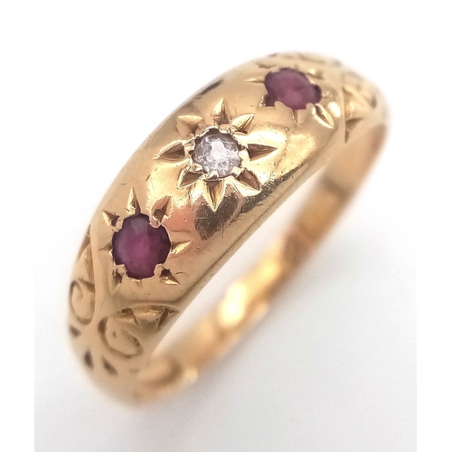 238 - Antique 18 CARAT GOLD, DIAMOND and RUBY, ‘GYPSY’ SET RING. 3.66 Grams. Size O.