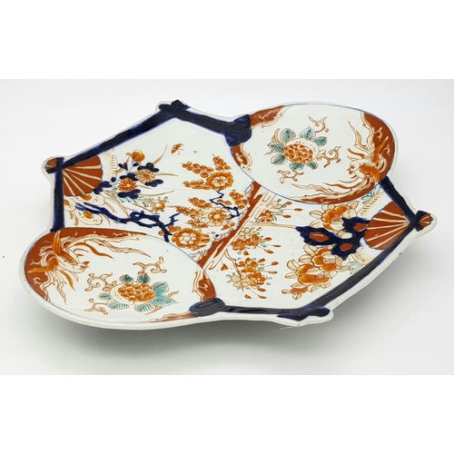 302 - An Antique Japanese Meiji Period Imari Fan-Shaped Porcelain Plate. Decorated with hand-painted panel... 