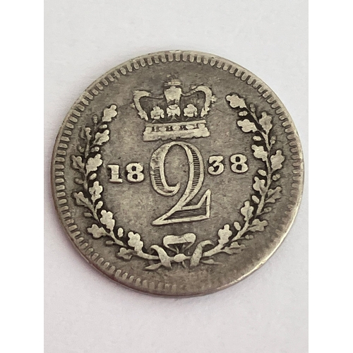 308 - 1838 Early Queen Victoria SILVER  MAUNDY TWO PENCE PIECE COIN. Very fine condition. Please see pictu... 