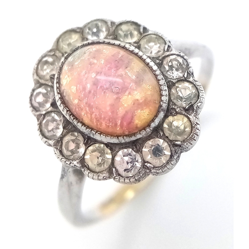 315 - Dainty 9 CARAT GOLD and SILVER RING with lab OPAL CABOCHON to Centre. Size J - J 1/2.