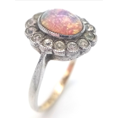 315 - Dainty 9 CARAT GOLD and SILVER RING with lab OPAL CABOCHON to Centre. Size J - J 1/2.