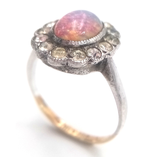 315 - Dainty 9 CARAT GOLD and SILVER RING with lab OPAL CABOCHON to Centre. Size J - J 1/2.