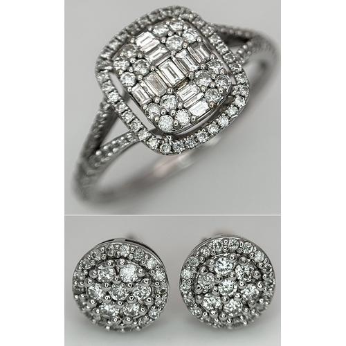 316 - An 18K White Gold Diamond Cocktail Ring and a Pair of Diamond Cluster Stud Earrings. Ring, size P 1/... 