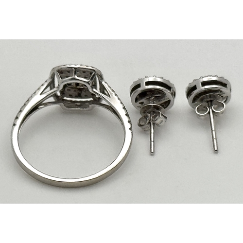 316 - An 18K White Gold Diamond Cocktail Ring and a Pair of Diamond Cluster Stud Earrings. Ring, size P 1/... 