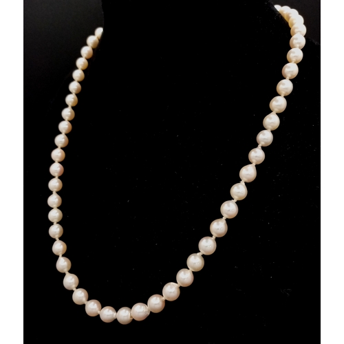 328 - An 18K Gold and Cultured Pearl Necklace. 7/8mm pearls. 44cm. 21.6g. MT17