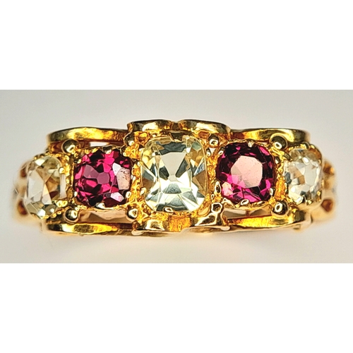 342 - AN 18K YELLOW GOLD, ANTIQUE, WHITE SAPPHIRE AND RUBILITE SET RING. 2.3G, SIZE P. SC 7089