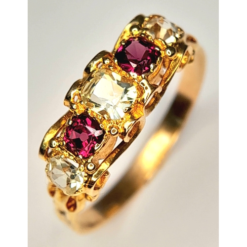342 - AN 18K YELLOW GOLD, ANTIQUE, WHITE SAPPHIRE AND RUBILITE SET RING. 2.3G, SIZE P. SC 7089