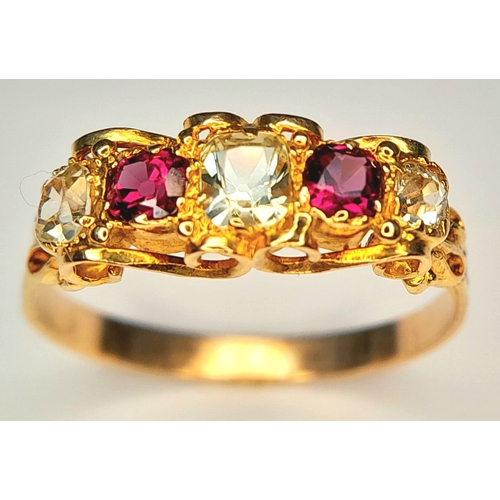 342 - AN 18K YELLOW GOLD, ANTIQUE, WHITE SAPPHIRE AND RUBILITE SET RING. 2.3G, SIZE P. SC 7089