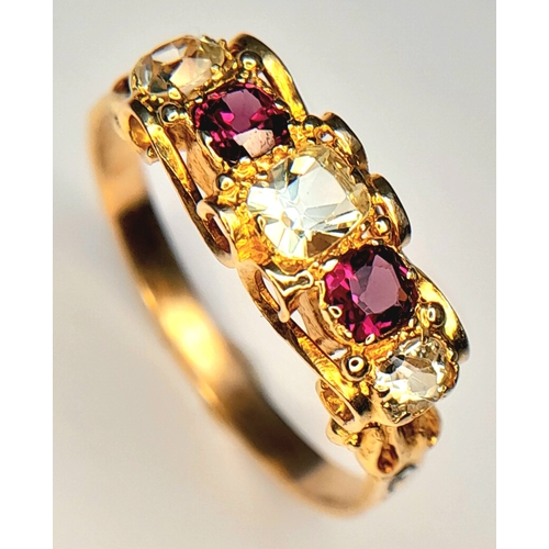 342 - AN 18K YELLOW GOLD, ANTIQUE, WHITE SAPPHIRE AND RUBILITE SET RING. 2.3G, SIZE P. SC 7089