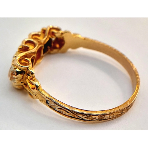 342 - AN 18K YELLOW GOLD, ANTIQUE, WHITE SAPPHIRE AND RUBILITE SET RING. 2.3G, SIZE P. SC 7089