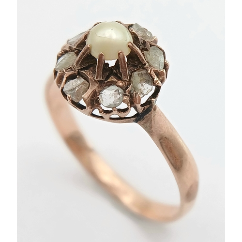 349 - AN 18K ROSE GOLD, ANTIQUE, ROUGH CUT DIAMOND AND PEARL SET RING. 2.5G, SIZE O. SC 7077