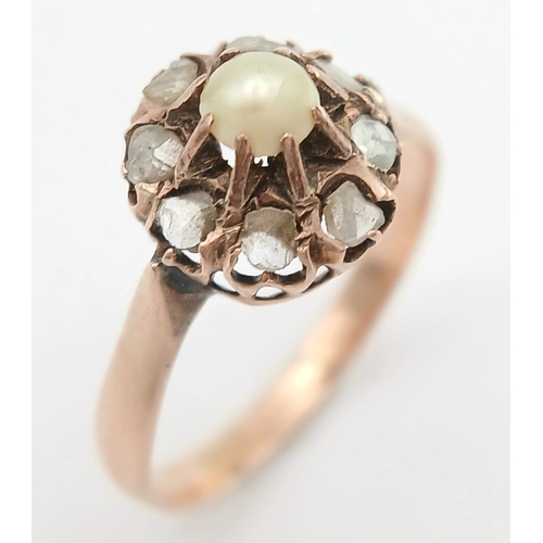 349 - AN 18K ROSE GOLD, ANTIQUE, ROUGH CUT DIAMOND AND PEARL SET RING. 2.5G, SIZE O. SC 7077