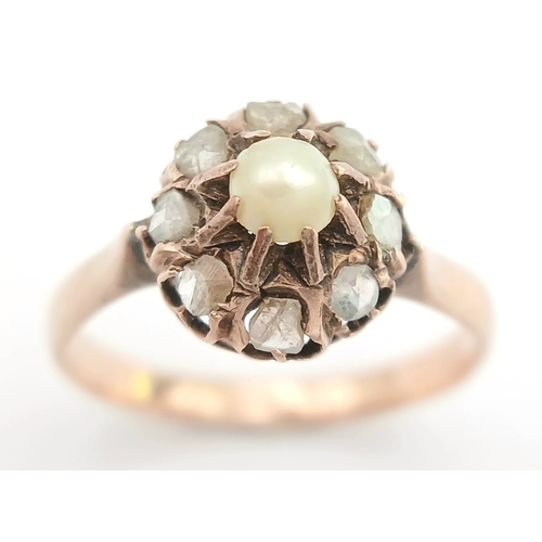 349 - AN 18K ROSE GOLD, ANTIQUE, ROUGH CUT DIAMOND AND PEARL SET RING. 2.5G, SIZE O. SC 7077