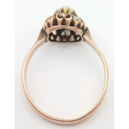 349 - AN 18K ROSE GOLD, ANTIQUE, ROUGH CUT DIAMOND AND PEARL SET RING. 2.5G, SIZE O. SC 7077