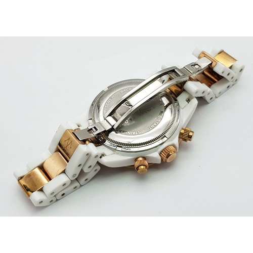 A TOY WATCH, CHRONOGRAPH, ROSE GOLD TONE AND WHITE PLASTIC BRACELET WATCH.  IN FULL WORKING ORDER. NE