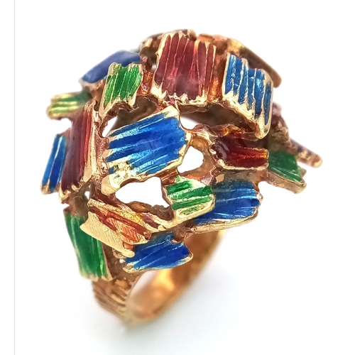 10 - A 14K Abstract Enamel Cluster Ring. Textured colourful design. Size K. 8.8g.