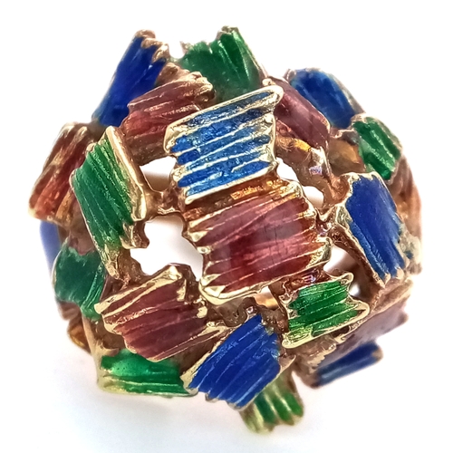 10 - A 14K Abstract Enamel Cluster Ring. Textured colourful design. Size K. 8.8g.