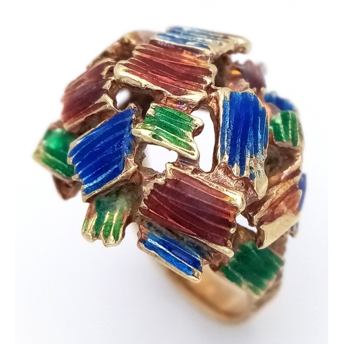 10 - A 14K Abstract Enamel Cluster Ring. Textured colourful design. Size K. 8.8g.