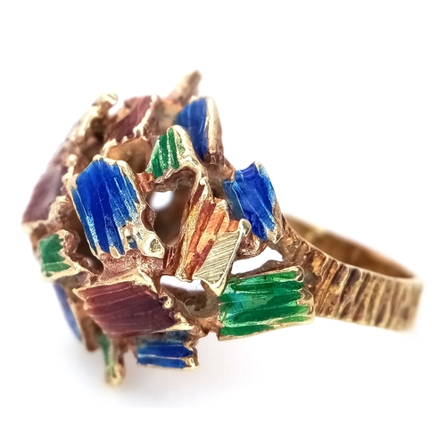 10 - A 14K Abstract Enamel Cluster Ring. Textured colourful design. Size K. 8.8g.
